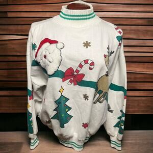 VINTAGE 90s Cottagecore Christmas Sweatshirt Mock Neck Embroidered Jingle Bell L